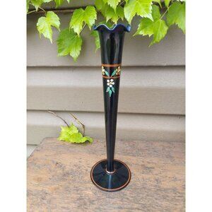 Maryland Glass Black Amethyst Art Deco Vase Enameled Hand Painted Flowers